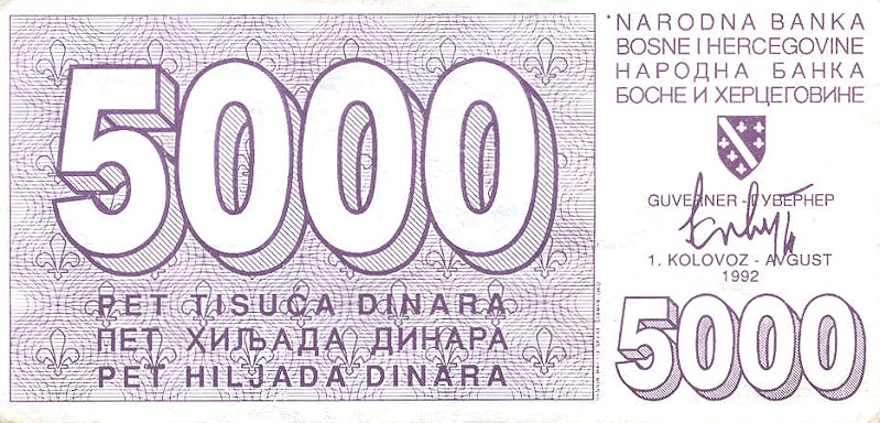 Front of Bosnia and Herzegovina p27a: 5000 Dinara from 1992