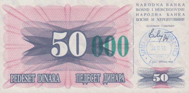 Front of Bosnia and Herzegovina p55c: 50000 Dinara from 1993