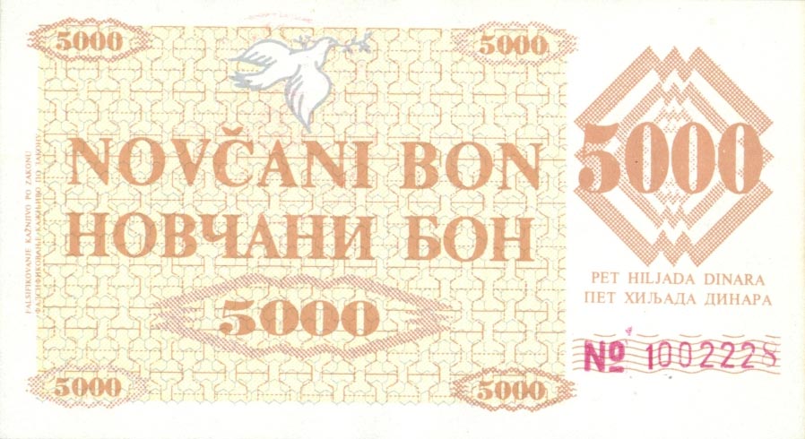 Front of Bosnia and Herzegovina p9b: 5000 Dinara from 1992