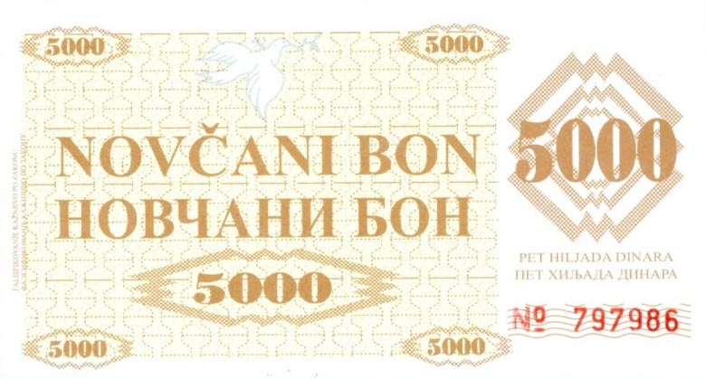 Front of Bosnia and Herzegovina p9f1: 5000 Dinara from 1992