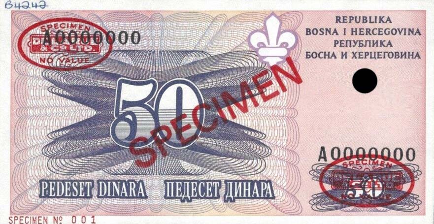Front of Bosnia and Herzegovina p47s: 50 Dinara from 1995