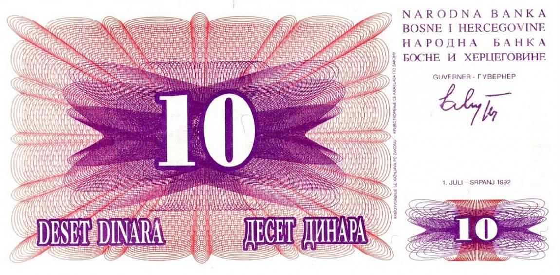 Front of Bosnia and Herzegovina p10a: 10 Dinara from 1992