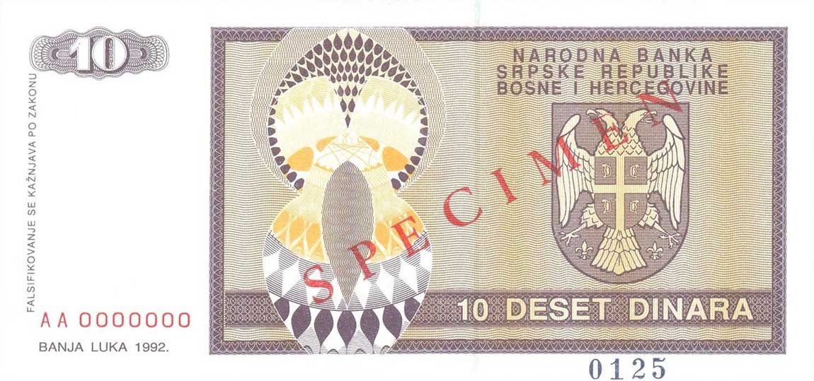 Back of Bosnia and Herzegovina p133s: 10 Dinara from 1992