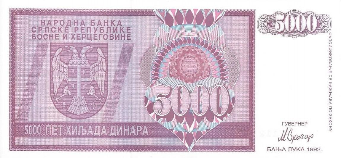 Front of Bosnia and Herzegovina p138a: 5000 Dinara from 1992