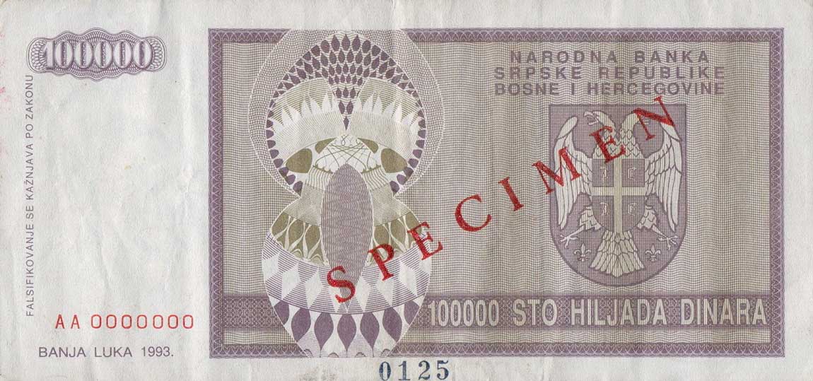 Back of Bosnia and Herzegovina p141s: 100000 Dinara from 1993