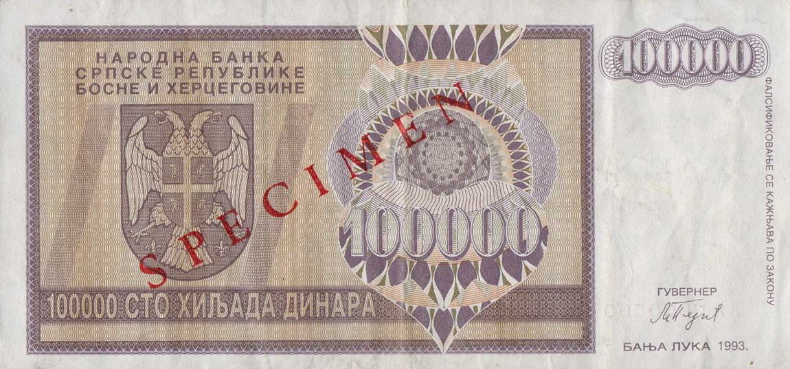 Front of Bosnia and Herzegovina p141s: 100000 Dinara from 1993
