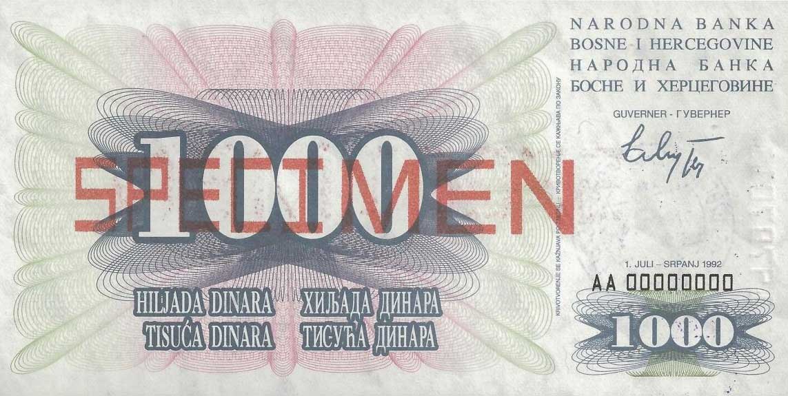 Front of Bosnia and Herzegovina p15s: 1000 Dinara from 1992