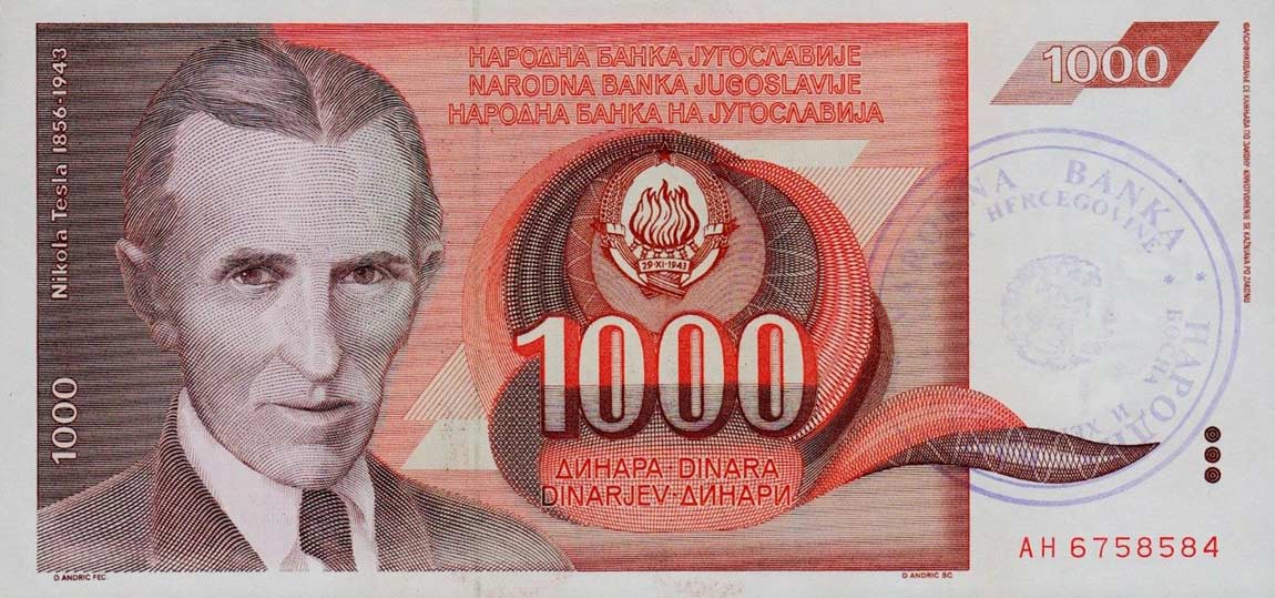 Front of Bosnia and Herzegovina p2a: 1000 Dinara from 1992