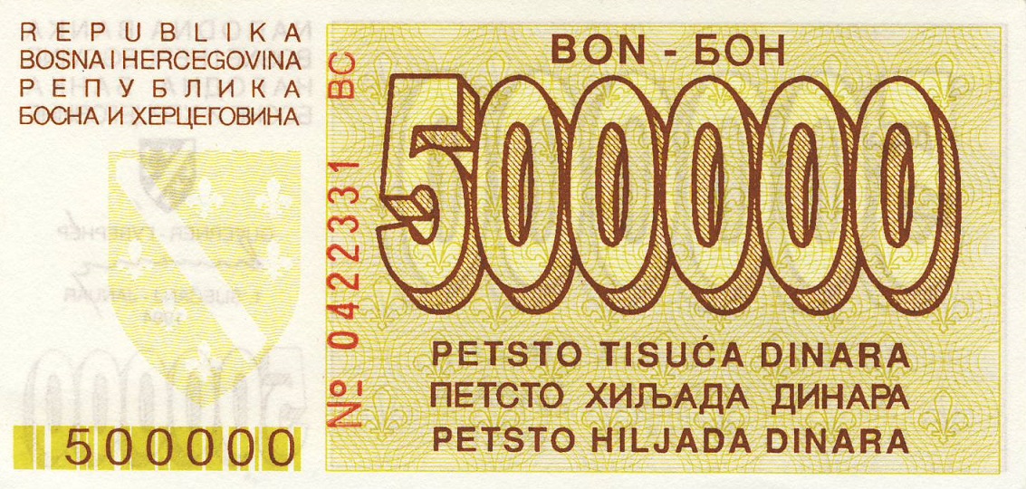 Back of Bosnia and Herzegovina p32a: 500000 Dinara from 1994