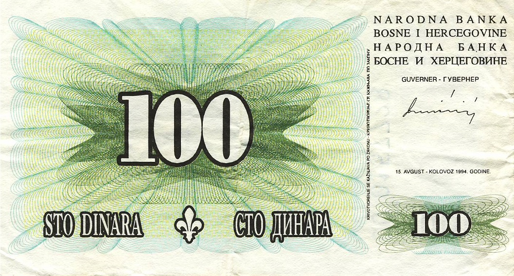 Front of Bosnia and Herzegovina p44a: 100 Dinara from 1994