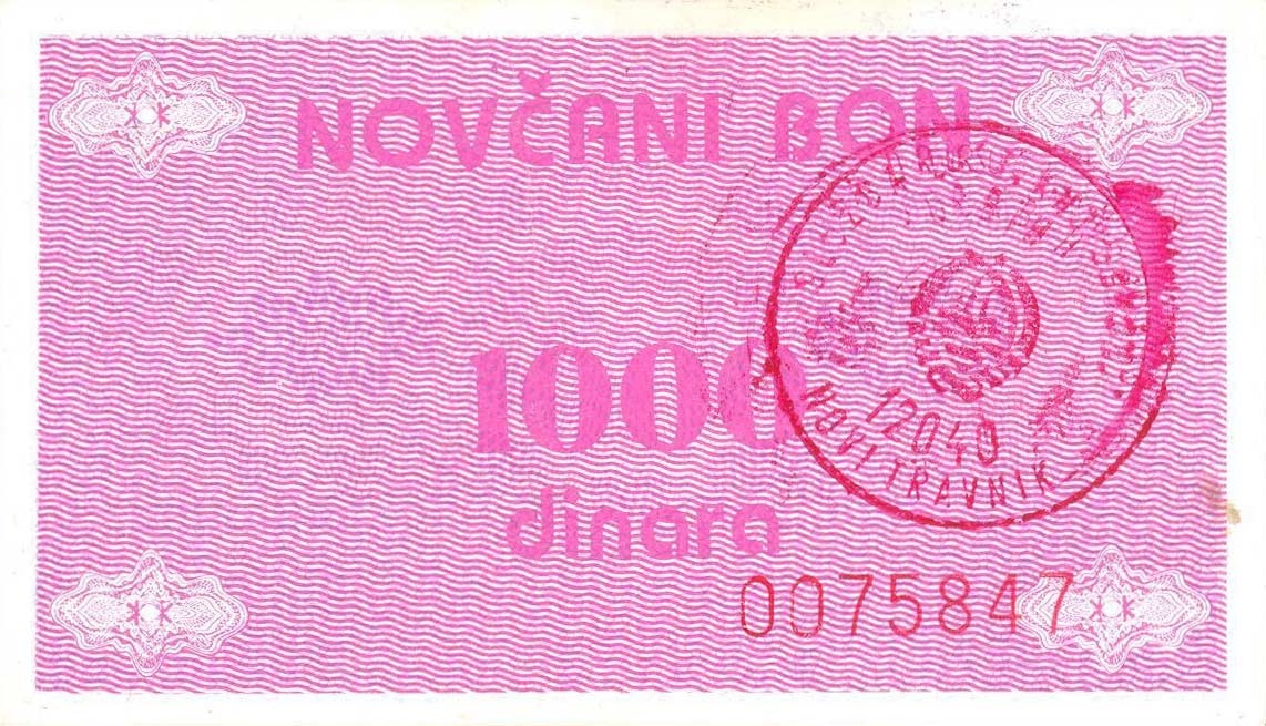 Front of Bosnia and Herzegovina p50b: 1000 Dinara from 1992