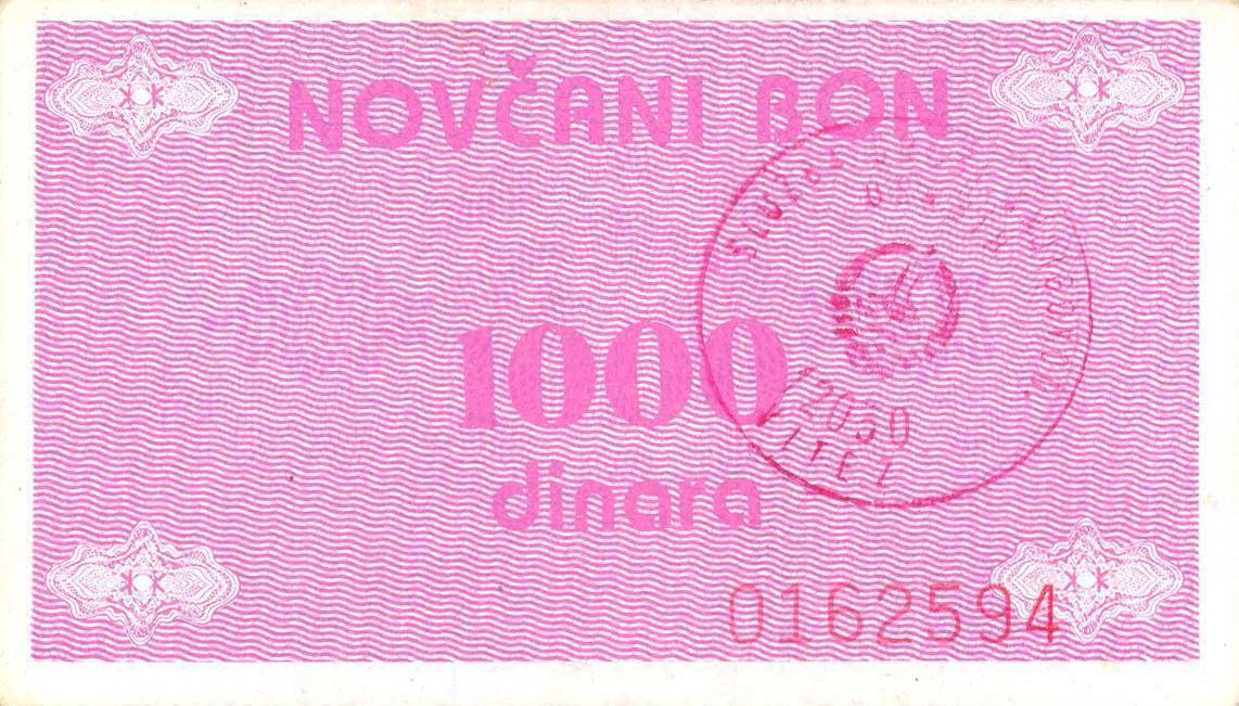 Front of Bosnia and Herzegovina p50c: 1000 Dinara from 1992