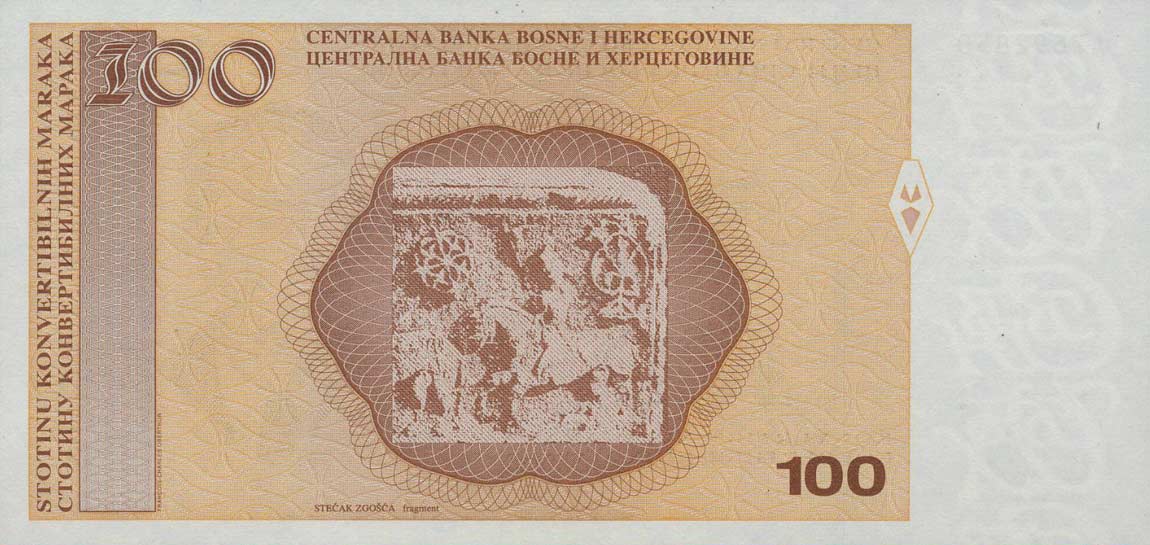 Back of Bosnia and Herzegovina p69b: 100 Convertible Maraka from 2002
