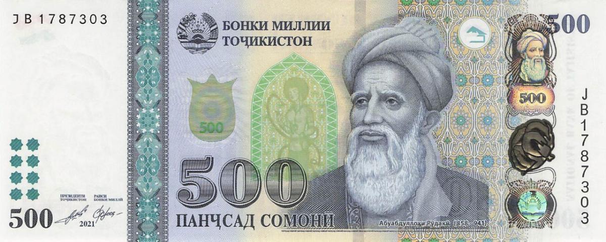 Front of Tajikistan p22c: 500 Somoni from 2021