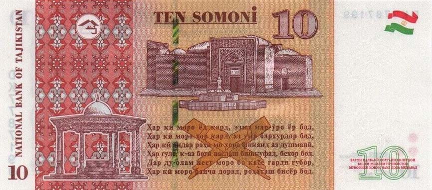 Back of Tajikistan p28b: 10 Somoni from 2022