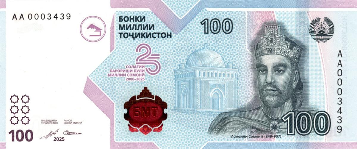 Front of Tajikistan p33: 100 Somoni from 2025