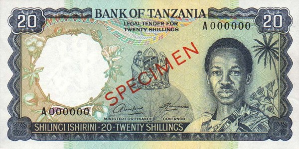 Front of Tanzania p3s: 20 Shillings from 1966