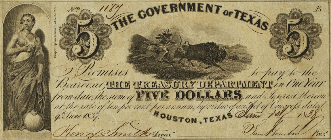 Front of Texas p18: 5 Dollars from 1838