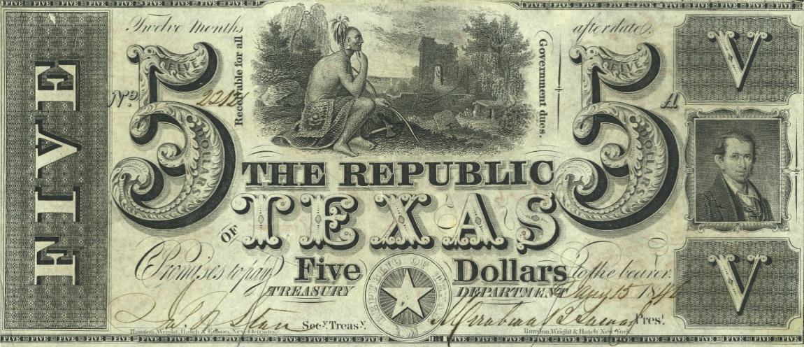 Front of Texas p25: 5 Dollars from 1839