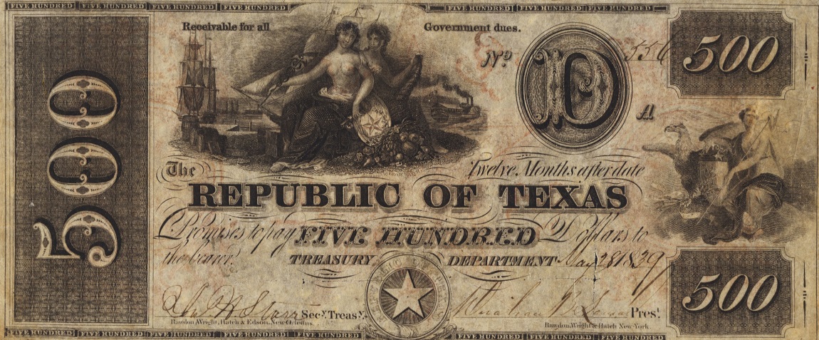 Front of Texas p30: 500 Dollars from 1839
