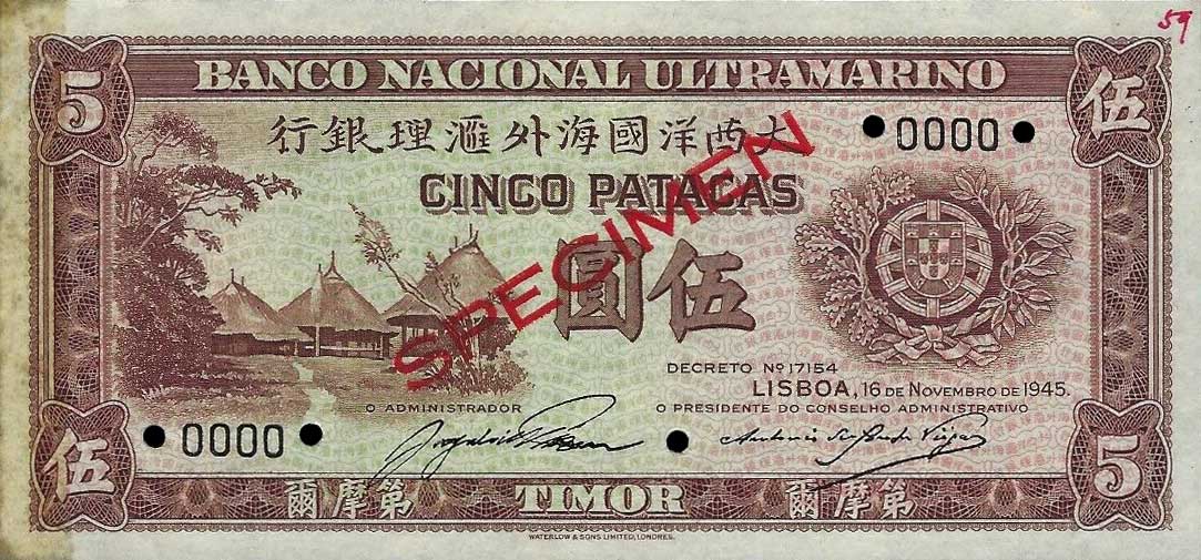 Front of Timor p17s: 5 Patacas from 1945