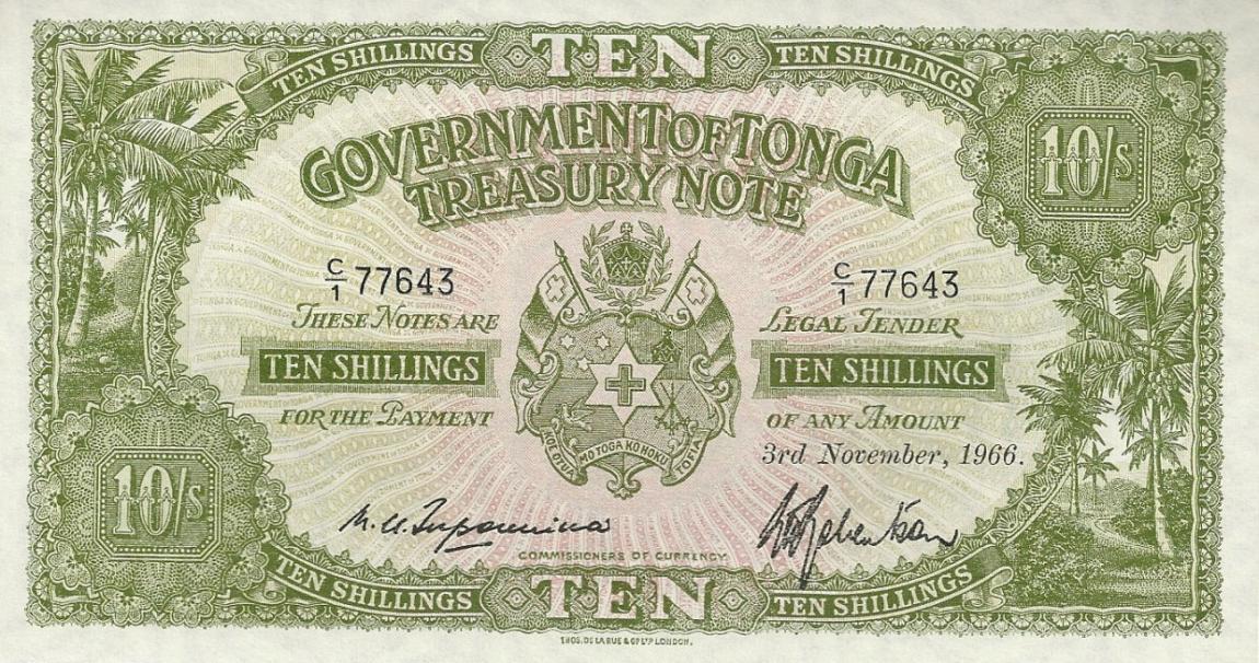 Front of Tonga p10e: 10 Shillings from 1966