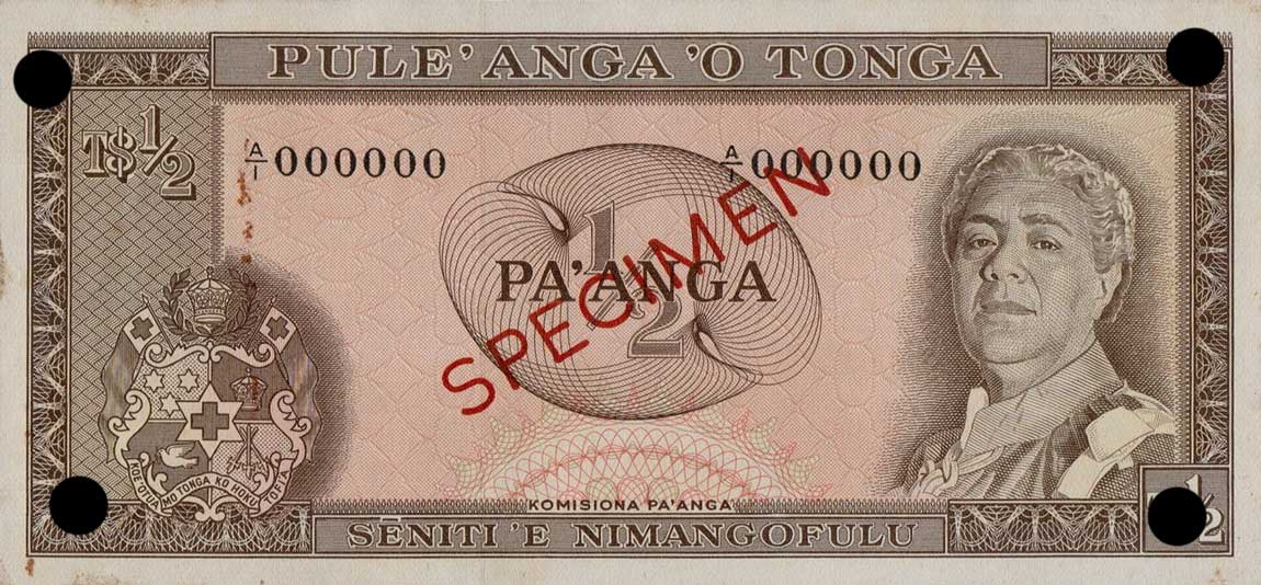 Front of Tonga p13s: 0.5 Pa'anga from 1967