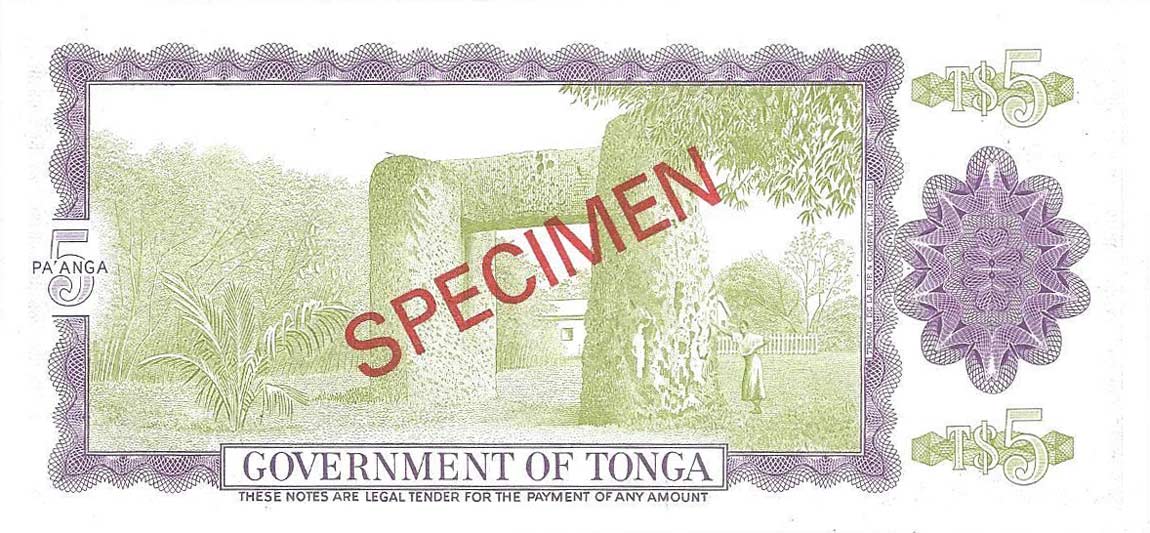 Back of Tonga p21s: 5 Pa'anga from 1974