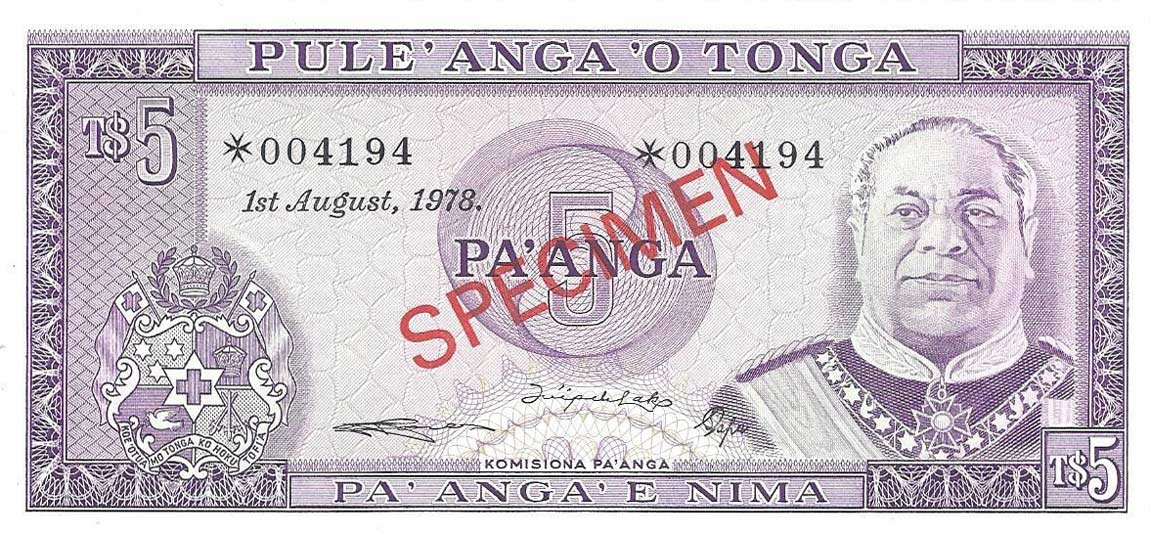 Front of Tonga p21s: 5 Pa'anga from 1974
