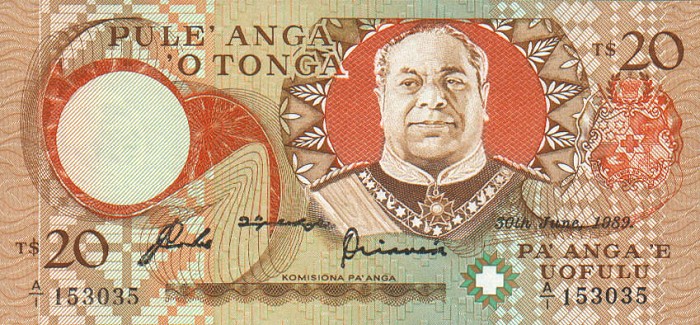 Front of Tonga p23c: 20 Pa'anga from 1988