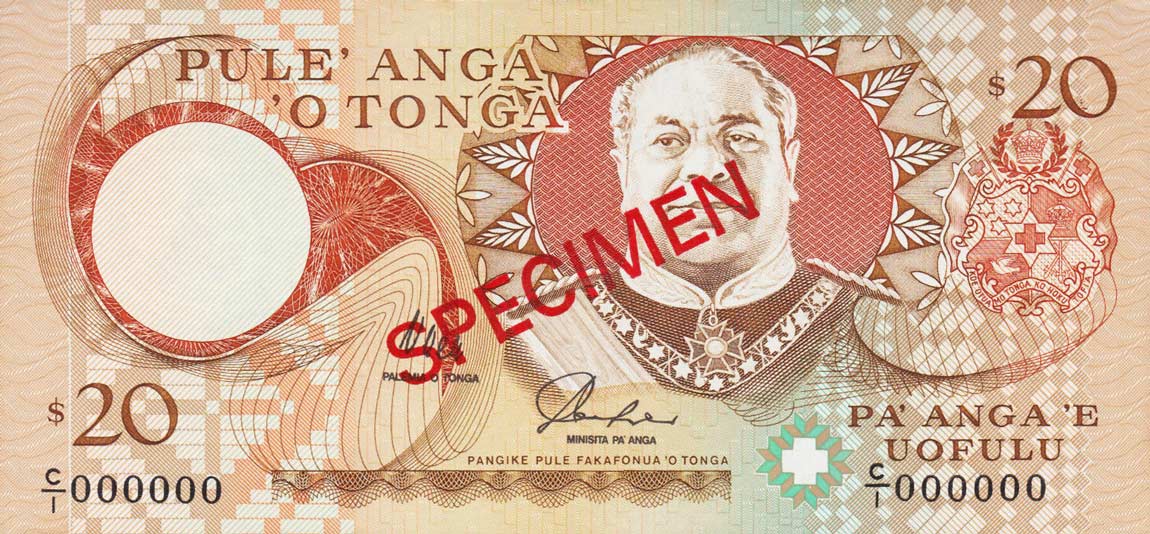 Front of Tonga p35s: 20 Pa'anga from 1995