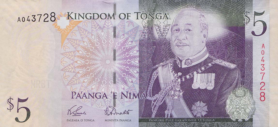 Front of Tonga p39: 5 Pa'anga from 2008