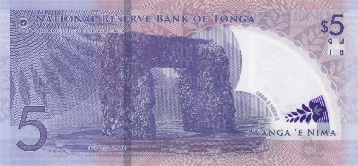 Back of Tonga p51: 5 Pa'anga from 2023