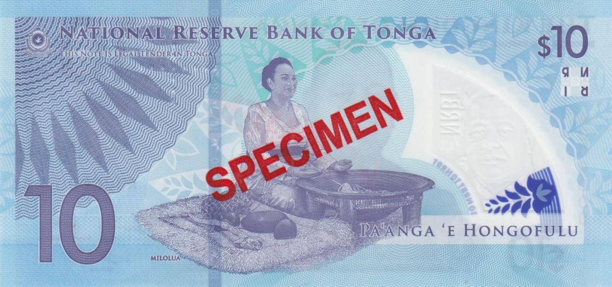 Back of Tonga p52s: 10 Pa'anga from 2023
