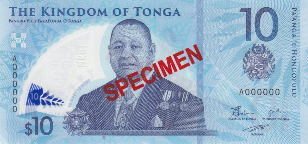 Front of Tonga p52s: 10 Pa'anga from 2023