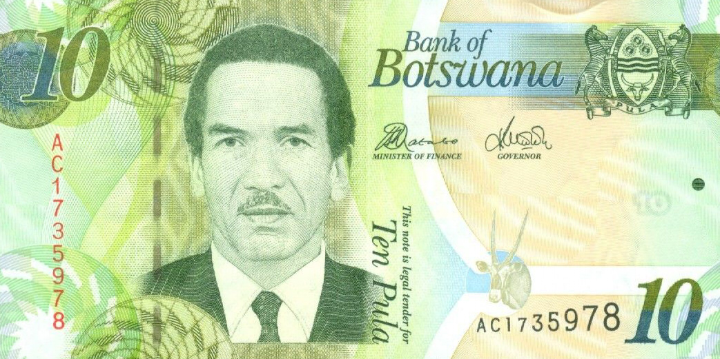 Front of Botswana p30c: 10 Pula from 2012
