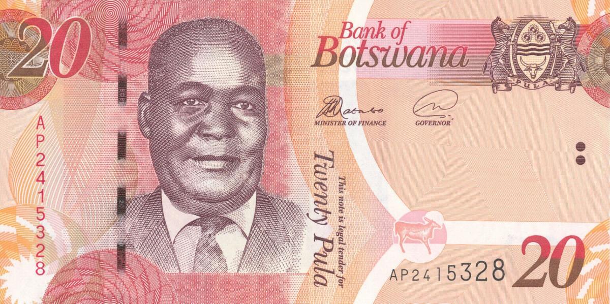 Front of Botswana p31g: 20 Pula from 2019