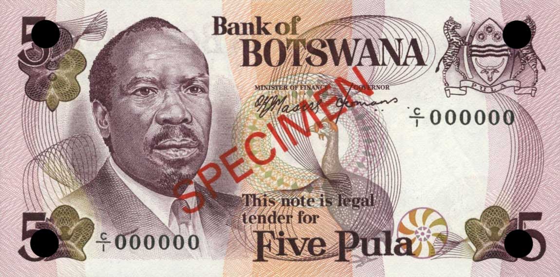 Front of Botswana p3s: 5 Pula from 1976