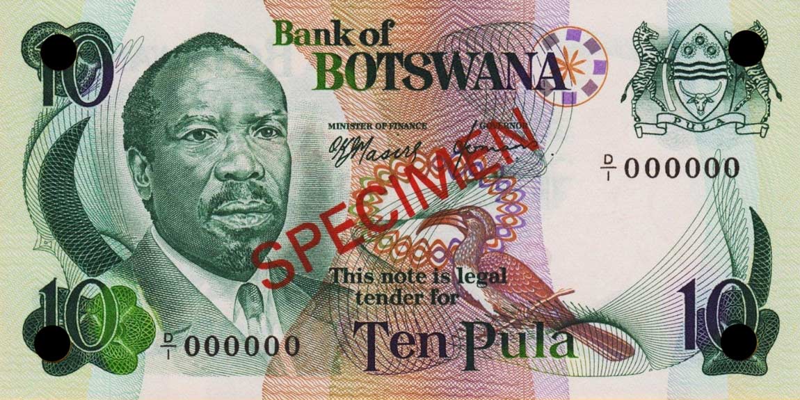 Front of Botswana p4s1: 10 Pula from 1976