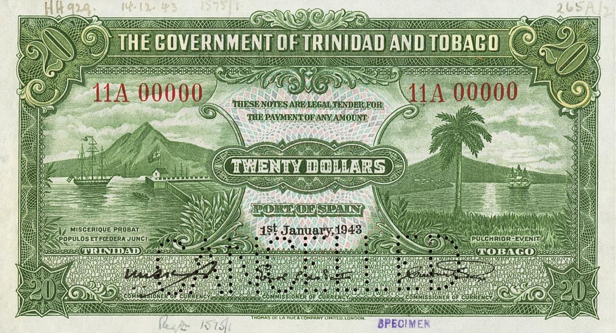 Front of Trinidad and Tobago p10s: 20 Dollars from 1942