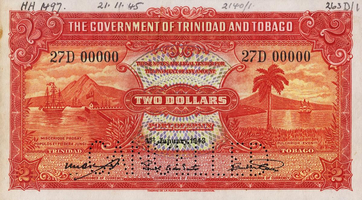 Front of Trinidad and Tobago p8s: 2 Dollars from 1942