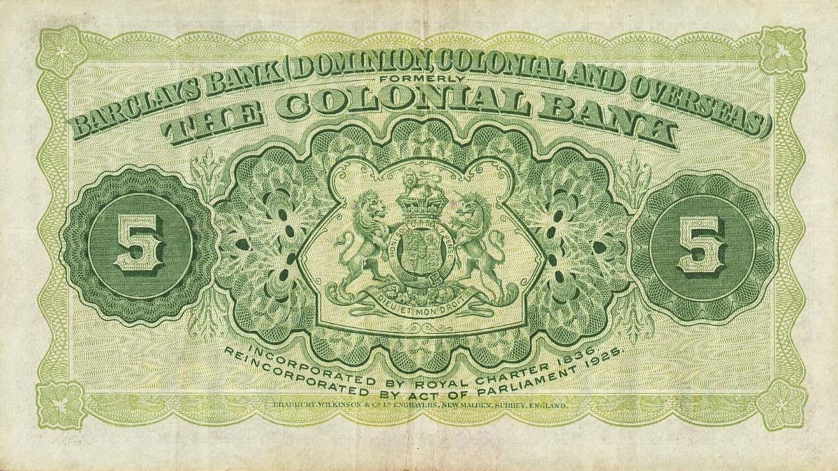 Back of Trinidad and Tobago pS101: 5 Dollars from 1926