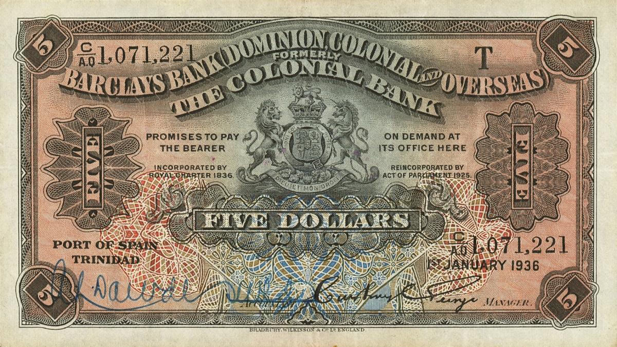 Front of Trinidad and Tobago pS101: 5 Dollars from 1926