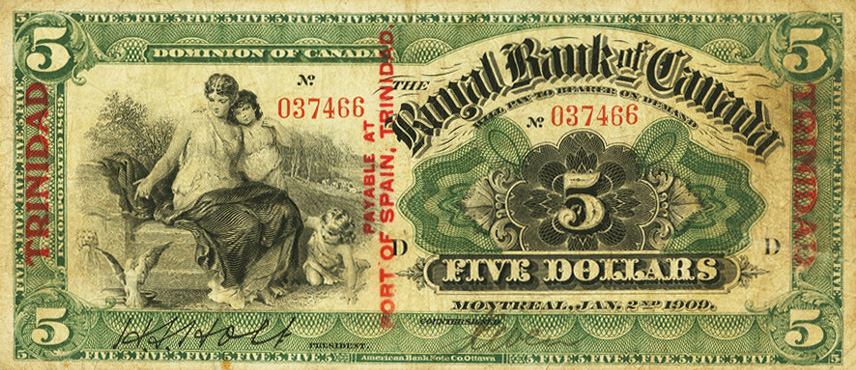 Front of Trinidad and Tobago pS141: 5 Dollars from 1909