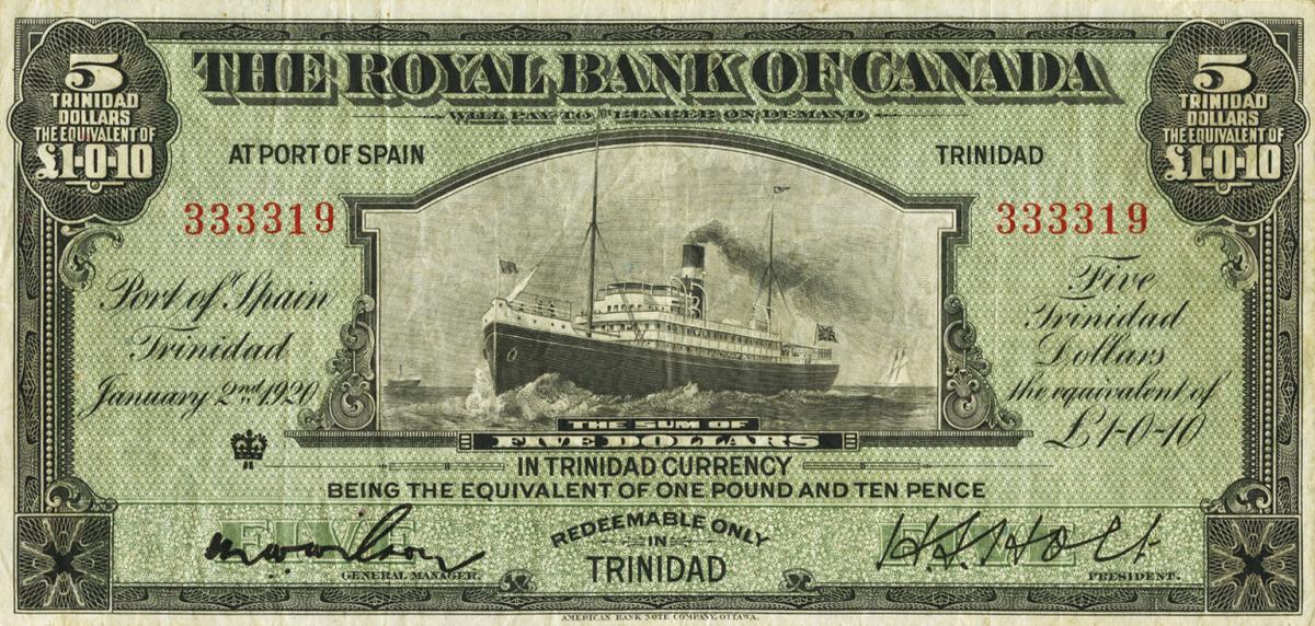 Front of Trinidad and Tobago pS151a: 5 Dollars from 1920