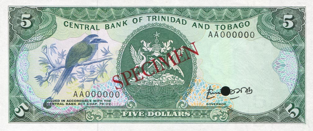 Front of Trinidad and Tobago p37s: 5 Dollars from 1985