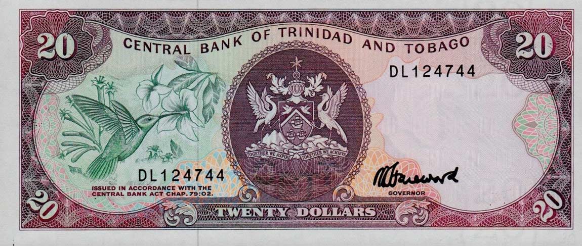 Front of Trinidad and Tobago p39c: 20 Dollars from 1985