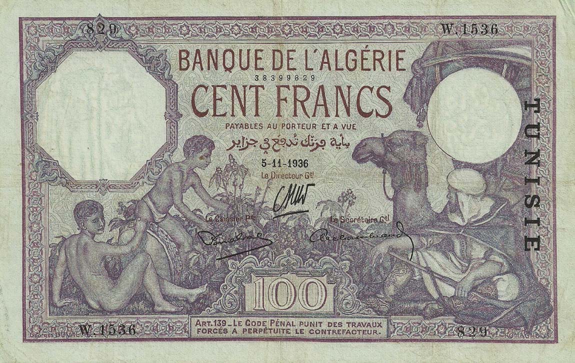 Front of Tunisia p10c: 100 Francs from 1936