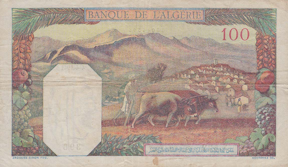 Back of Tunisia p13a: 100 Francs from 1939
