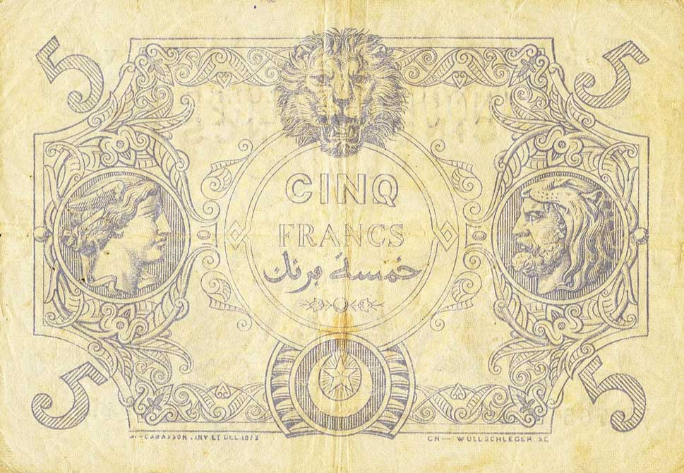 Back of Tunisia p1: 5 Francs from 1903
